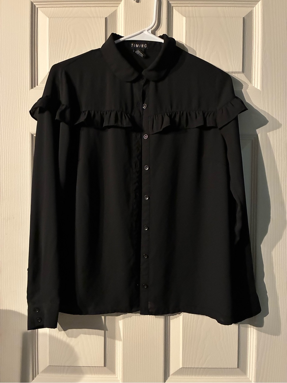 Timing Black Ruffle-Trim Button Down Shirt for Men